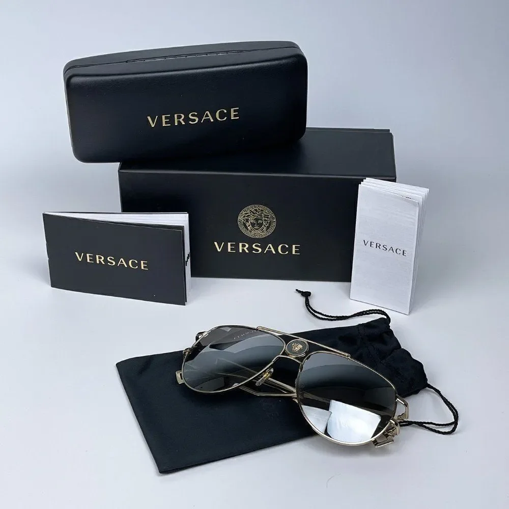 NEW Versace  VE2225 12526G  Pale Gold Grey Aviator Mirrored Unisex Sunglasses